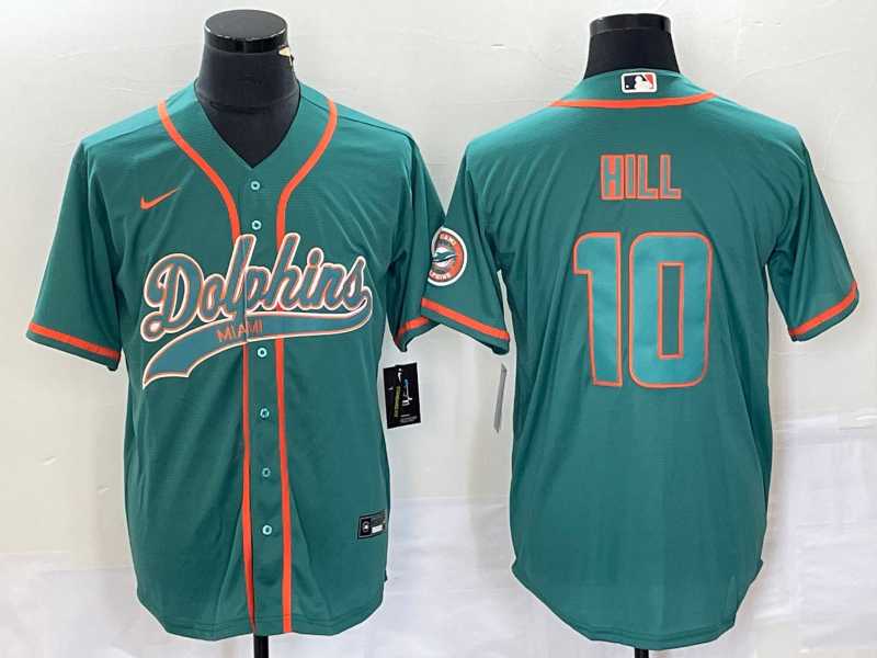 Mens Miami Dolphins #10 Tyreek Hill Aqua Cool Base Stitched Baseball Jersey